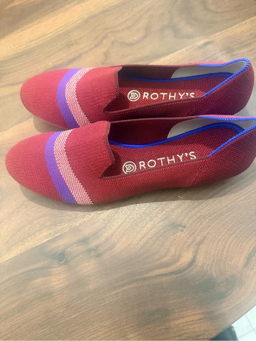 Rothy's Burgundy Flats with Beige and Blue Stripes - Picture 1 of 4